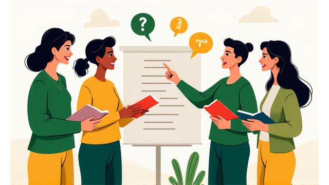 Illustration von Personen, die sich beim Brainstorming unterhalten und Fragezeichen über ihren Köpfen haben.