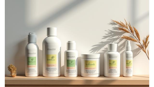 Eine Reihe von Wellness-Produkten wie Flaschen und Tuben, ordentlich auf einem Regal angeordnet.