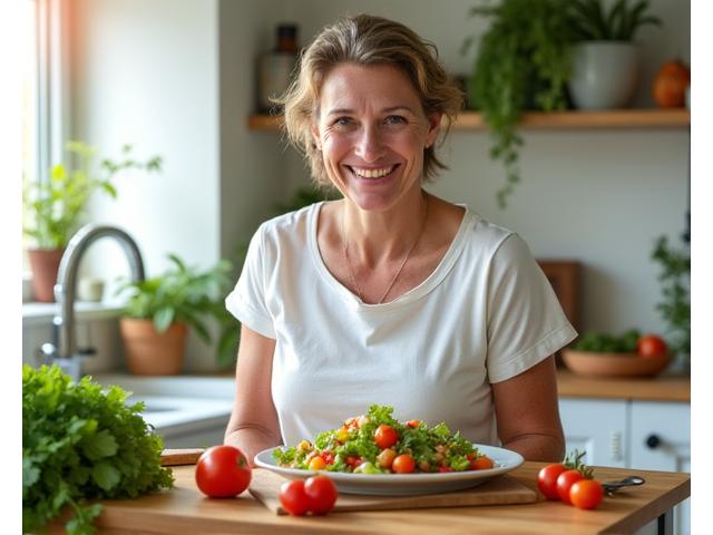 Maria Brenner präsentiert stolz selbstgemachte gesunde Mahlzeiten in ihrer Küche.