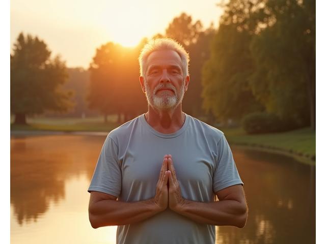 Thomas Kohl macht Yoga im Freien, entspannt und fokussiert, inmitten einer natürlichen Umgebung.