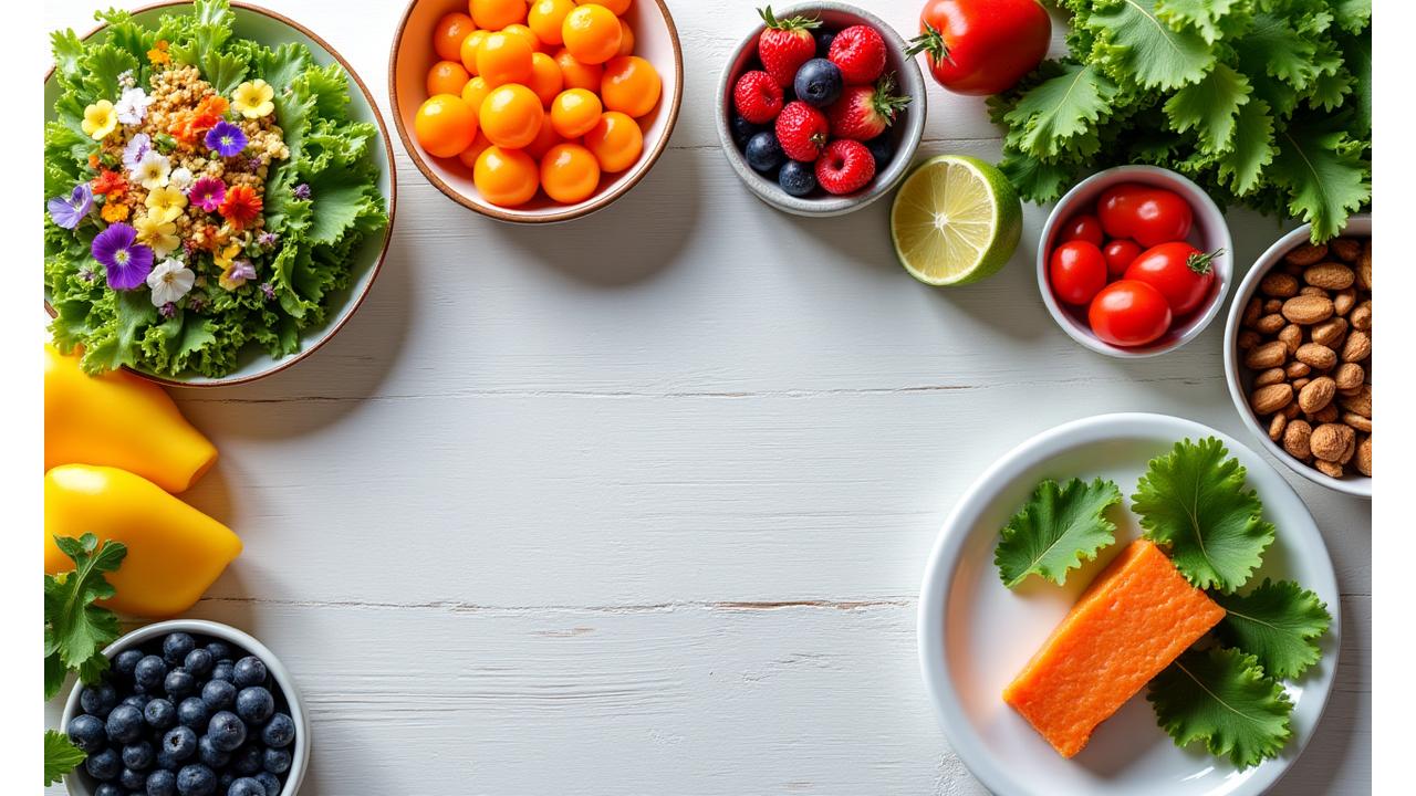 Ein festlich gedeckter Tisch mit farbenfrohen, nährstoffreichen Gerichten wie Salaten, Früchten und Gemüse. Alles frisch und appetitlich angerichtet in einem modernen Küchendesign.