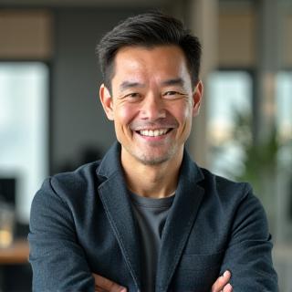 Michael, 44, steht aufrecht und voller Energie. Sein 'Vorher-Nachher' Bild könnte eine Person zeigen, die früher müde und jetzt deutlich vitaler aussieht. Der Arbeitsplatz im Hintergrund ist klar und aufgeräumt.