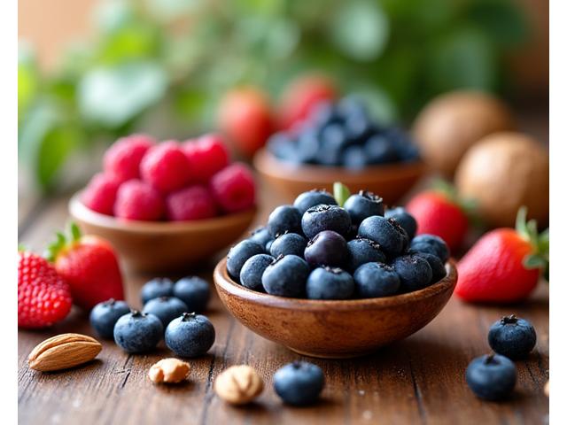 Eine Auswahl an frischen, farbenfrohen Beeren (Heidelbeeren, Himbeeren, Erdbeeren) und Walnüssen in rustikalen Schalen, symbolisch für Anti-Aging-Nährstoffe. Weiches, natürliches Licht.