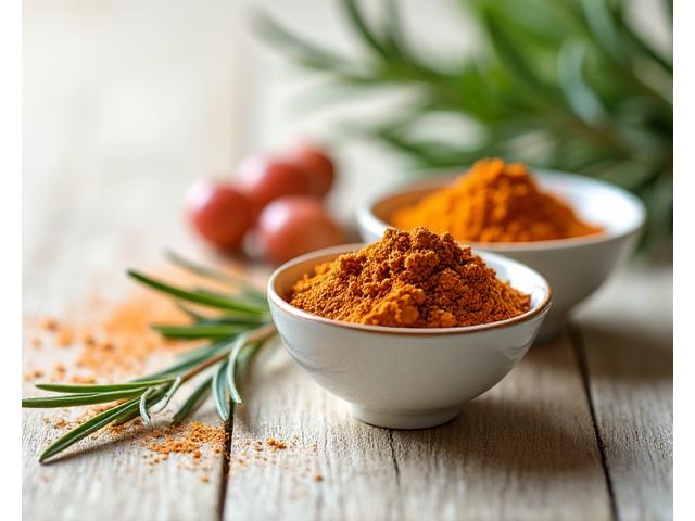 Ashwagandha-Beeren und Maca-Pulver in kleinen Schalen, umgeben von frischen Kräutern und einem Glas Wasser mit Zitronenscheiben, alles auf einem hellen Holztisch.