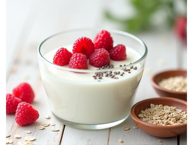 Nahaufnahme einer Schale mit Kefir oder Joghurt, garniert mit frischen Himbeeren und Chiasamen, daneben Haferflocken und Leinsamen – alles für eine gesunde Verdauung.