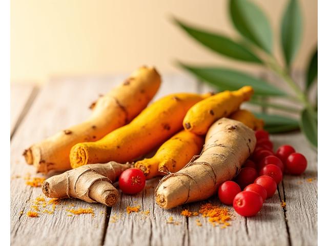 Eine Mischung aus frischen Ingwerwurzeln, Kurkuma-Knollen und einer Schale mit leuchtend roten Beeren auf einem rustikalen Holzhintergrund. Ein Symbol für Immunsystem-Stärkung.