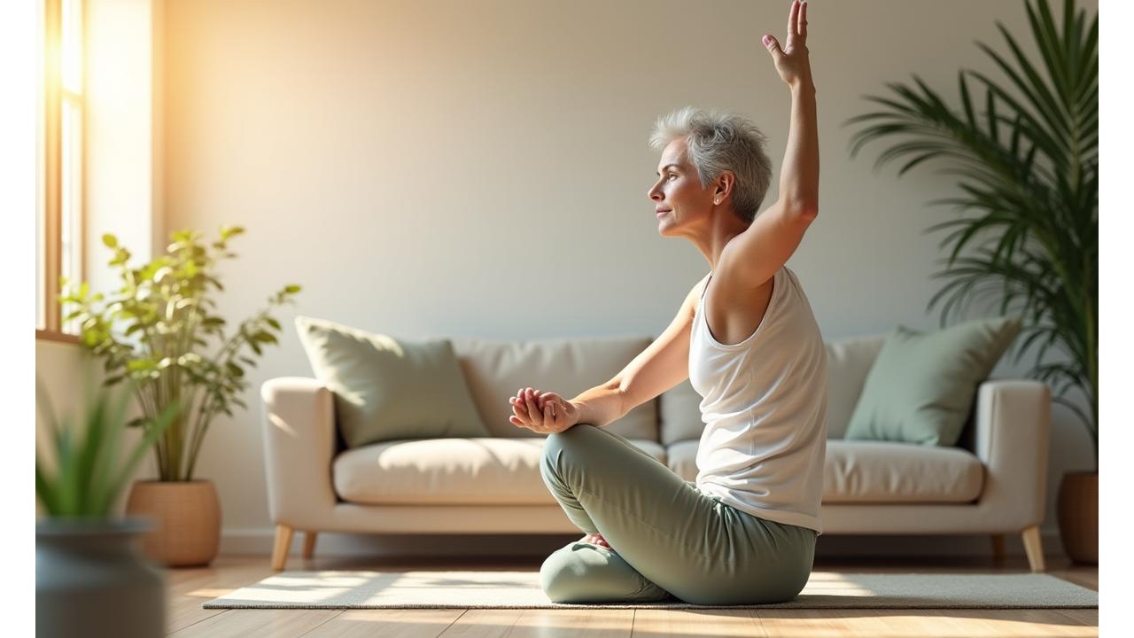 Eine Frau mittleren Alters praktiziert Yoga in einem sonnendurchfluteten Raum, symbolisiert Flexibilität und Wohlbefinden.