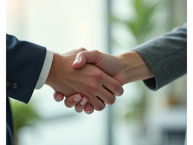 Zwei Hände, die in einem Handschlag übereinstimmen, symbolisieren Einigung und Zusammenarbeit vor einem ruhigen Hintergrund.