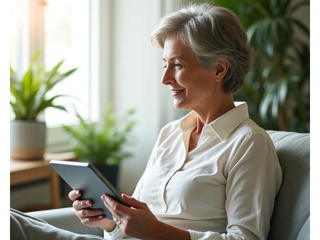 Illustration einer Person, die auf einem Tablet Gesundheits-Apps nutzt, umgeben von Pflanzen und einem ruhigen Licht