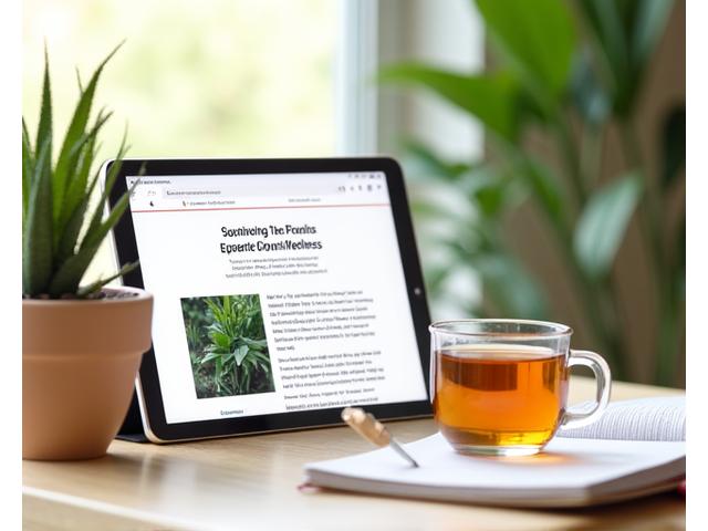 Jüngste Blog-Artikel über Ernährung, Achtsamkeit und Bewegung auf einem Tablet, umgeben von Notizbuch und einer gesunden Mahlzeit.