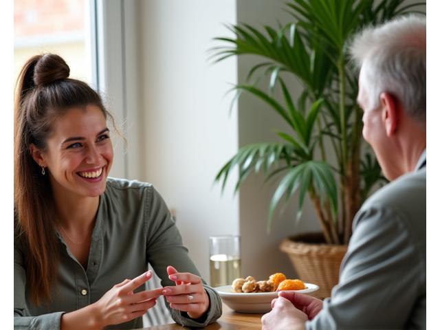 Ein Wellness-Coach im 1:1 Gespräch mit einem Klienten, umgeben von gesunden Lebensmitteln und Notizen.