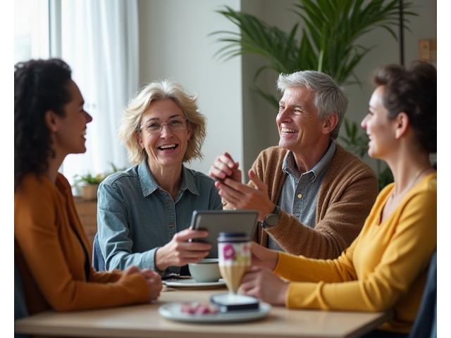 Eine Gruppe lachender, engagierter Erwachsener (35+) in einer entspannten Community-Umgebung, vielleicht bei einem Kaffee oder einem Austauschgespräch.