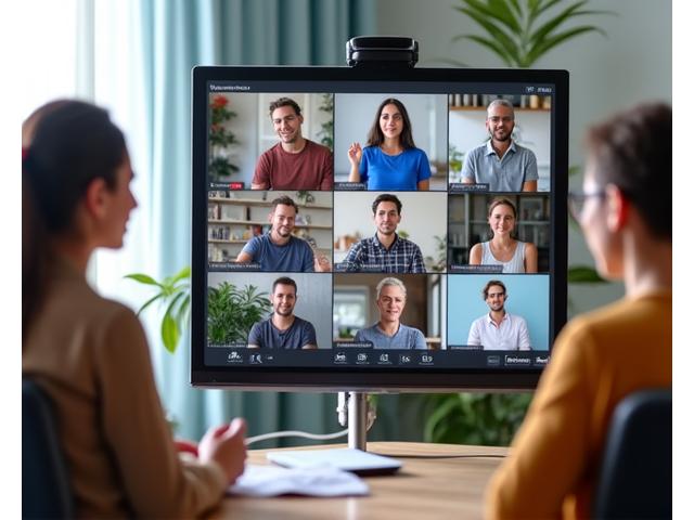 Teilnehmer in einem virtuellen Wellness-Workshop, auf dem Bildschirm werden Übungen gezeigt, eine entspannte Atmosphäre im Hintergrund.