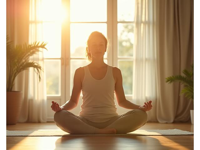 Eine Frau mittleren Alters praktiziert Yoga in einem sonnigen, ruhigen Raum, symbolisch für innere Balance und Wohlbefinden