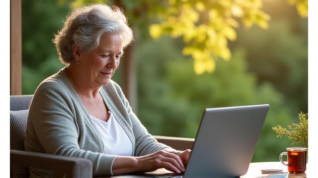 Person arbeitet entspannt am Laptop mit einer Tasse Tee in der Natur